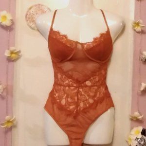 Mocha (M) Lace and Sheer Sexy Teddy Lingerie Bodysuit - NWOT